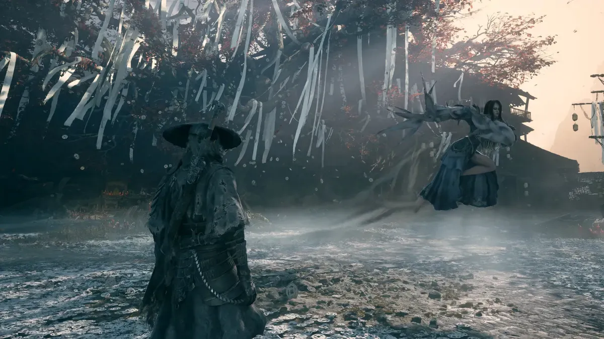Two swordfighters squaring off across a rain-soaked stone platform in Phantom Blade Zero