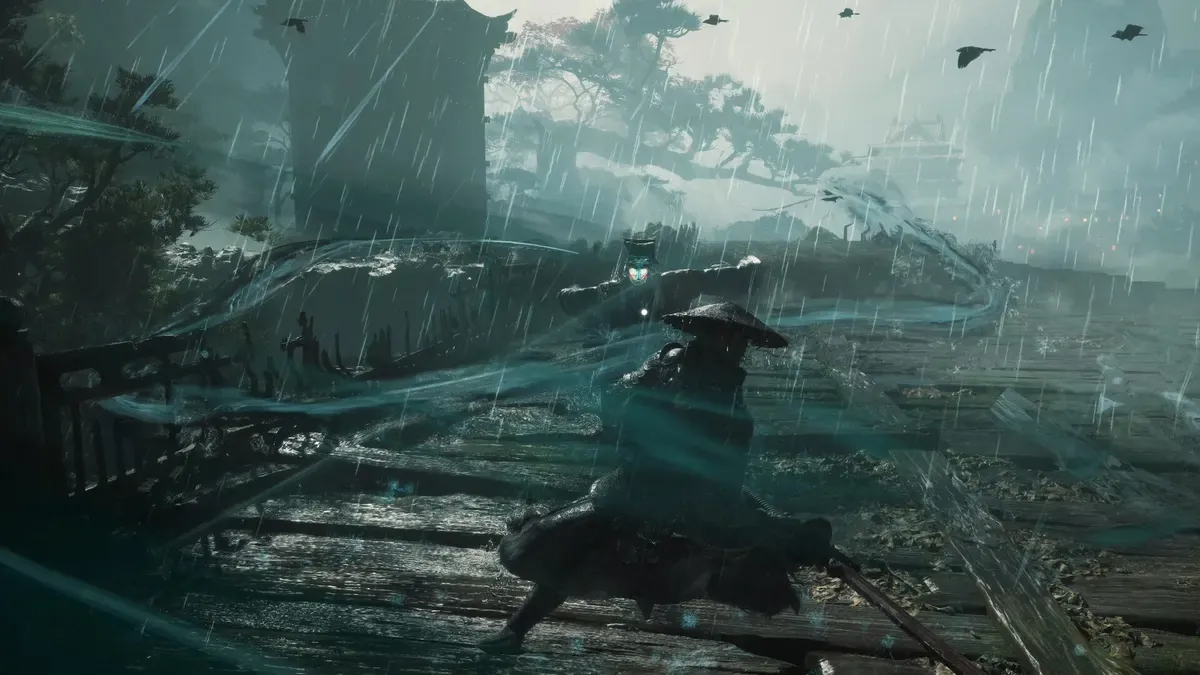 A teal Sha-Chi slash trailing across a rain-soaked bridge duel in Phantom Blade Zero