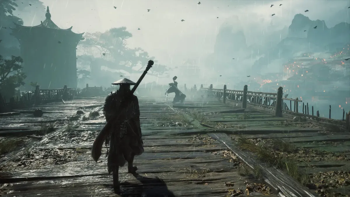 A straw-hatted swordsman crossing a long wooden bridge into Weeping Creek Valley in Phantom Blade Zero