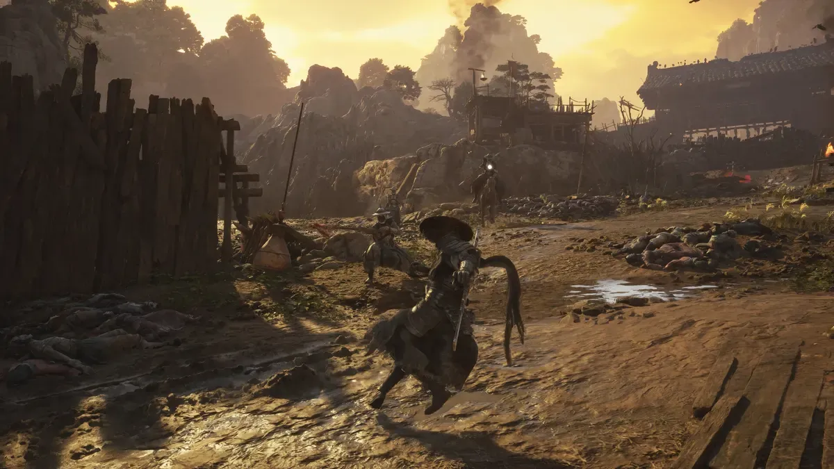 Soul engaging armored enemies in a sunset village skirmish in Phantom Blade Zero